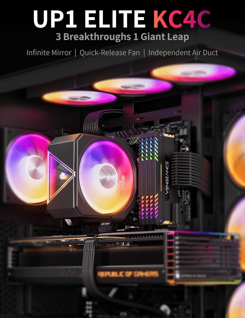 upHere up1 Elite CPU Cooler - 4 Heat Pipes, Infinity ARGB Mirror Top, Quick-Release Fans, Intel LGA1851/1700 & AMD AM5/AM4 Support, Independent Air Duct, 1650RPM 68CFM Fan, Black, up1 Elite KC4C - Image 2